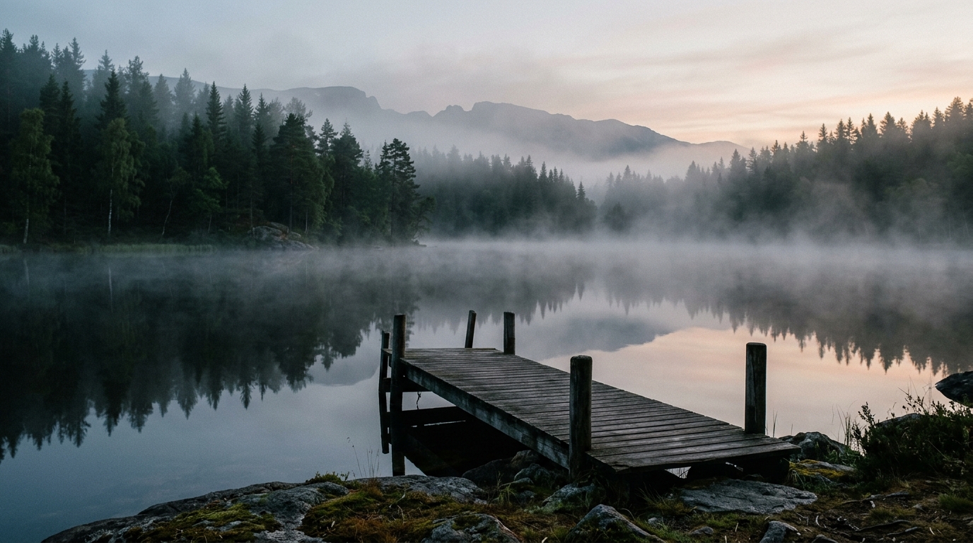 Guest walking along a wooden dock beside a misty Norwegian lake surrounded by pine forest.